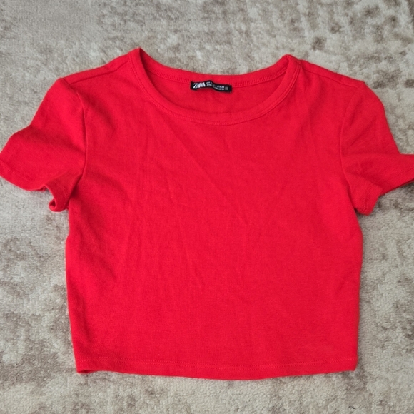 Zara Red Fitted Crop T-Shirt Short Sleeve Size Small - Picture 1 of 4